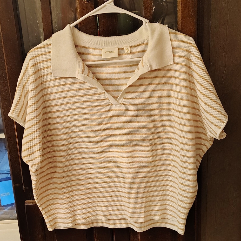 Cyrus Cream and Tan Striped Polo Top Short Sleeve Sweater